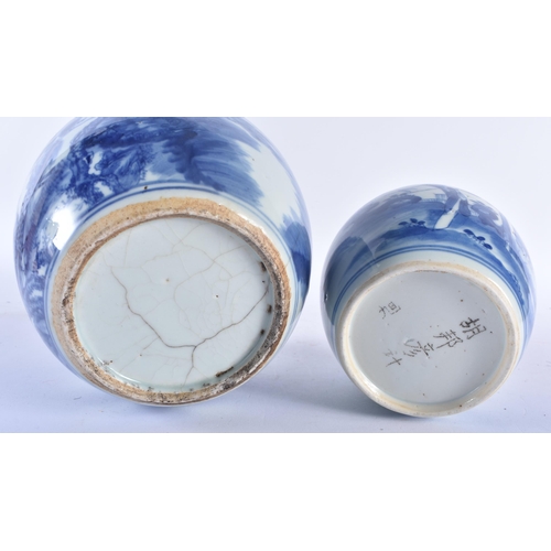 496 - TWO CHINESE QING DYNASTY BLUE AND WHITE PORCELAIN GINGER JARS. Largest 18cm x 14 cm. (2)