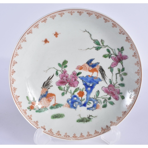 51 - AN 18TH CENTURY WORCESTER TEABOWL AND SAUCER painted in the Chinese manner with two birds in a lands... 