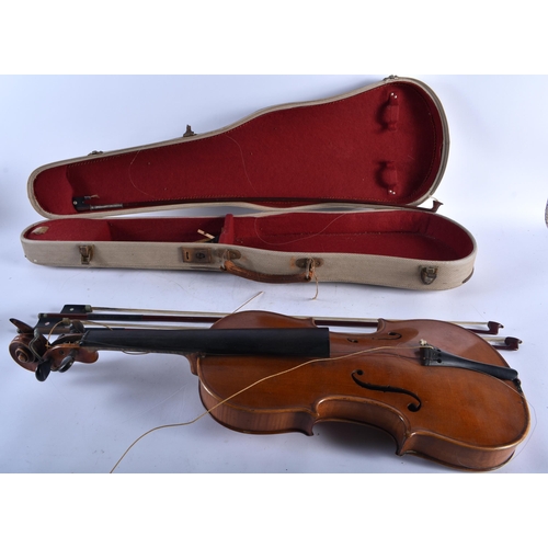 513 - A TWO PIECE BACK VIOLIN with three bows, by Radford & Co of Derby. Violin 57.5 cm long, length of ba... 