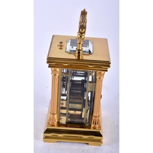 515 - AN ANTIQUE REPEATING BRASS CARRIAGE CLOCK retailed by Mackay Bros of Dundee. 19.5 cm high inc handle... 