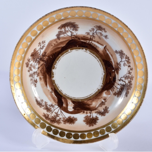 5 - AN EARLY 19TH CENTURY CHAMBERLAINS WORCESTER CUP AND SAUCER painted with brown landscapes. 13 cm dia... 