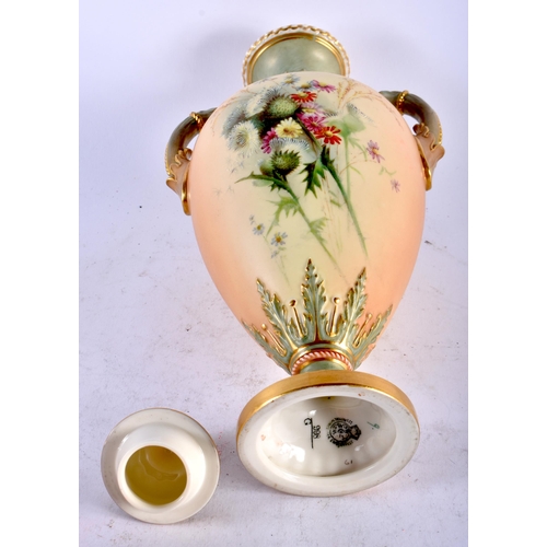 531 - A LARGE ROYAL WORCESTER TWIN HANDLED BLUSH IVORY VASE painted with Autumnal flowers in the manner of... 