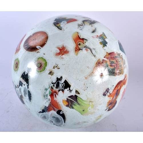 538 - AN ANTIQUE DECLOMANIA GLASS BALL. 25cm wide.