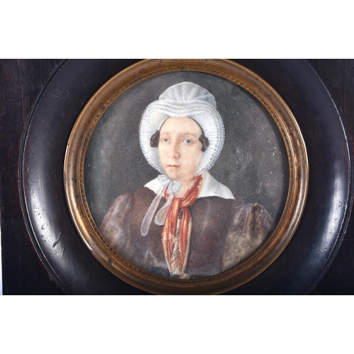 559 - English School (19th Century) Watercolour, Female wearing a white hat. 17.5 cm square.