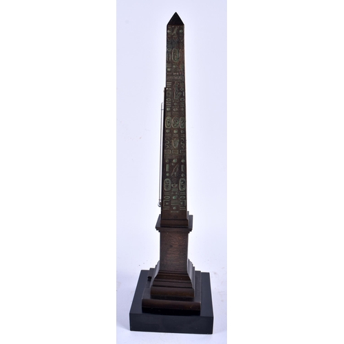 562 - AN ANTIQUE FRENCH EGYPTIAN REVIVAL BRONZE OBELISK THERMOMETER. 30 cm high.