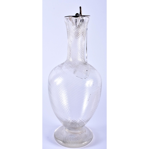 572 - AN ARTS AND CRAFTS SILVER PLATED GLASS CLARET JUG in the manner of Dr Christopher Dresser. 28 cm hig... 