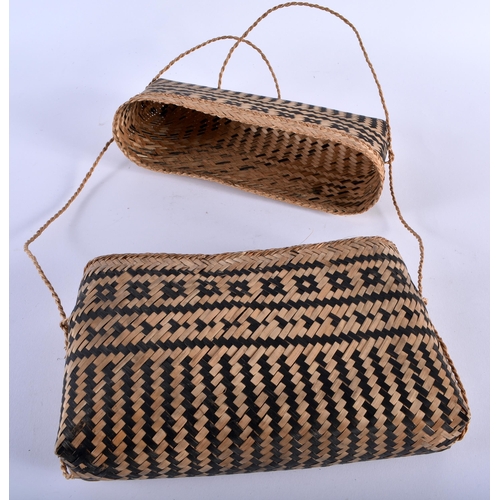 587 - TWO TRIBAL WICKER BAGS. Largest 30 cm x 34 cm. (2)