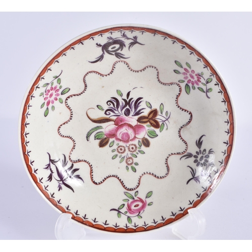 59 - AN 18TH CENTURY WORCESTER TEABOWL AND SAUCER painted with purple flowers under a flowing ribbon.11 c... 