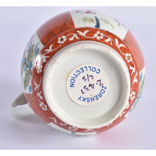 60 - A FINE 18TH CENTURY WORCESTER BELL SHAPED COFFEE CUP AND SAUCER painted with Kakiemon flowers on a S... 