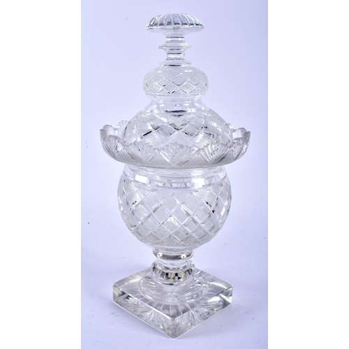 615 - A LARGE 19TH CENTURY ANGLO IRISH CUT GLASS SWEETMEAT URN AND COVER. 30 cm x 14 cm.