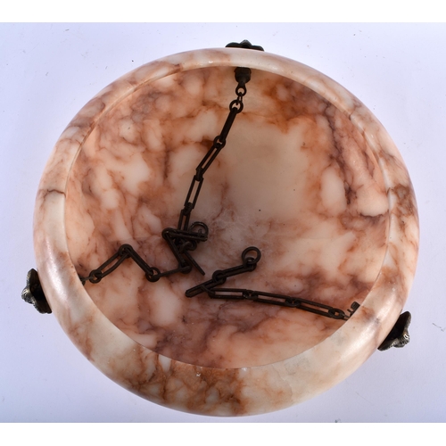 616 - AN ANTIQUE FRENCH MARBLED ALABASTER PLAFONNIER suspended on three chains attached to metal rams head... 