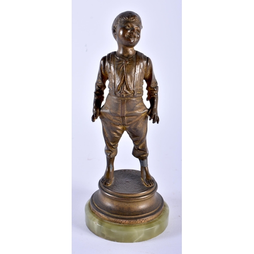 618 - AN ART DECO SPELTER FIGURE OF A BOY. 20 cm high.