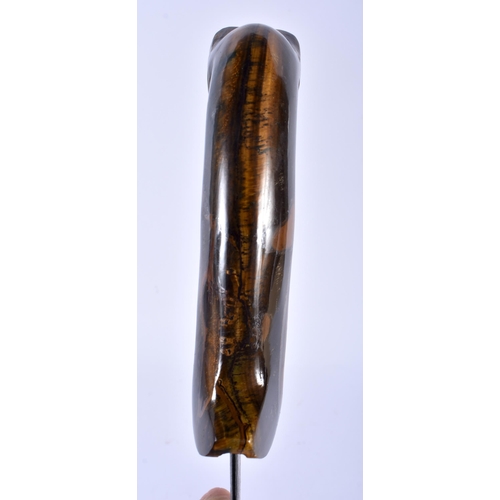 623 - A MIDDLE EASTERN CARVED TIGERS EYE HORSE HEAD HANDLED NIELLO DAGGER. 35 cm long.