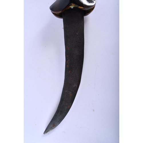 623 - A MIDDLE EASTERN CARVED TIGERS EYE HORSE HEAD HANDLED NIELLO DAGGER. 35 cm long.