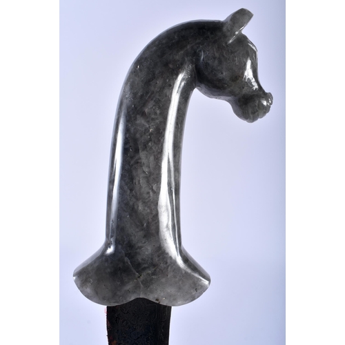 624 - A MIDDLE EASTERN CARVED AGATE HORSE HEAD HANDLED NIELLO DAGGER. 35 cm long.