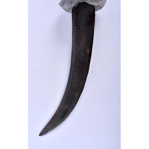 624 - A MIDDLE EASTERN CARVED AGATE HORSE HEAD HANDLED NIELLO DAGGER. 35 cm long.