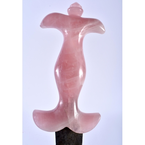 625 - A MIDDLE EASTERN CARVED ROSE QUARTZ HANDLED NIELLO DAGGER. 35 cm long.