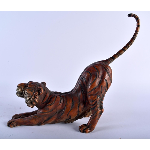 629 - A CONTINENTAL COLD PAINTED BRONZE FIGURE OF A REARING TIGER modelled outstretched. 27 cm x 24 cm.