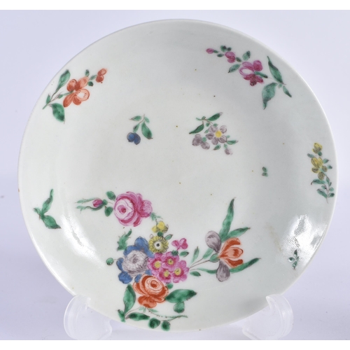 63 - AN 18TH CENTURY WORCESTER COFFEE CUP AND SAUCER painted with floral sprays. 12 cm wide. (2)