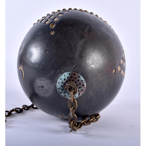 630 - A RARE TURKISH OTTOMAN BLACK CERAMIC HANGING MOSQUE BALL. Ball 15 cm x 10cm.