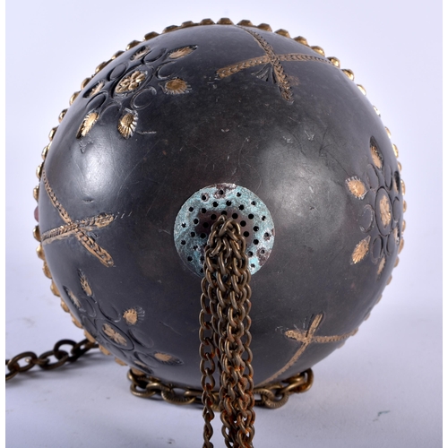 630 - A RARE TURKISH OTTOMAN BLACK CERAMIC HANGING MOSQUE BALL. Ball 15 cm x 10cm.