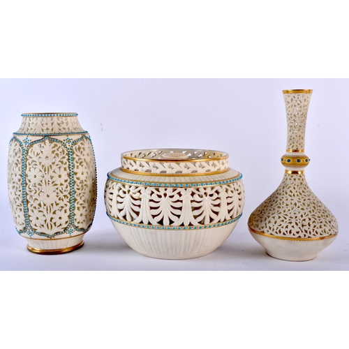 638 - THREE ANTIQUE GRAINGERS & CO WORCESTER RETICULATED VASES in various forms and sizes. Largest 14cm x ... 