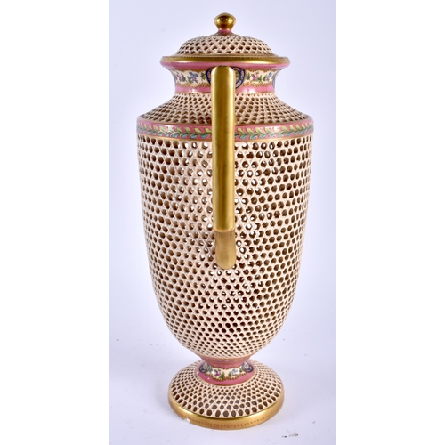 639 - A LARGE ANTIQUE HUNGARIAN TWIN HANDLED RETICULATED VASE AND COVER. 32 cm x 18 cm.