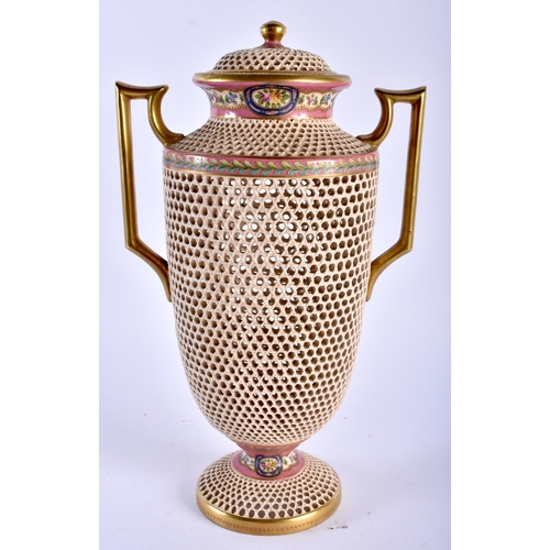 639 - A LARGE ANTIQUE HUNGARIAN TWIN HANDLED RETICULATED VASE AND COVER. 32 cm x 18 cm.