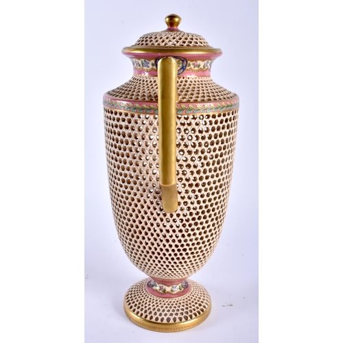 639 - A LARGE ANTIQUE HUNGARIAN TWIN HANDLED RETICULATED VASE AND COVER. 32 cm x 18 cm.