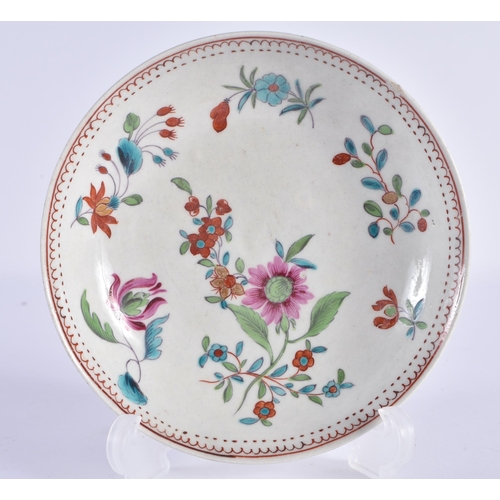 65 - AN 18TH CENTURY WORCESTER TEABOWL AND SAUCER painted with turquoise capped floral sprays. 11 cm diam... 