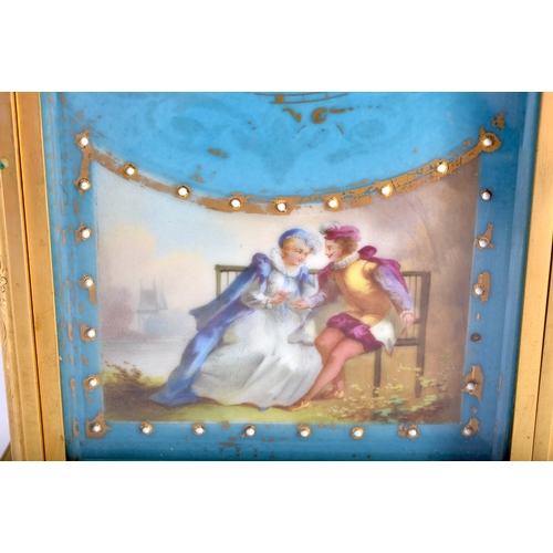 659 - A LATE 19TH CENTURY FRENCH SEVRES PORCELAIN INSET MANTEL CLOCK painted with lovers in landscapes. 25... 