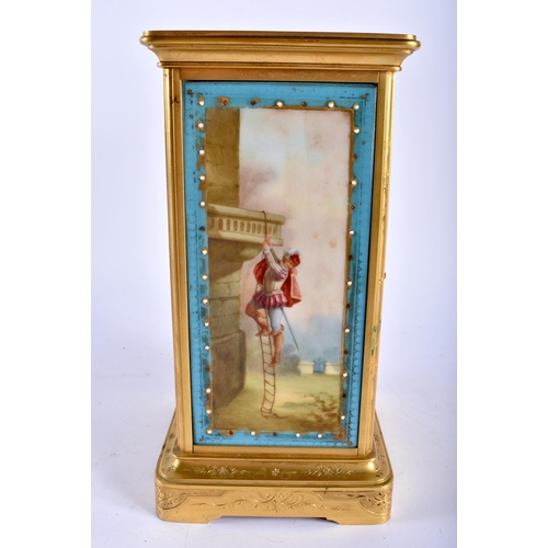 659 - A LATE 19TH CENTURY FRENCH SEVRES PORCELAIN INSET MANTEL CLOCK painted with lovers in landscapes. 25... 