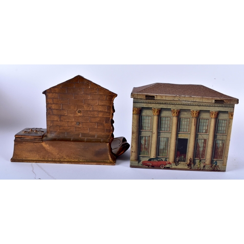 663 - AN UNUSUAL ANTIQUE BISCUIT TIN MONEY BOX together with a spelter equestrian desk stand. Largest 15 c... 