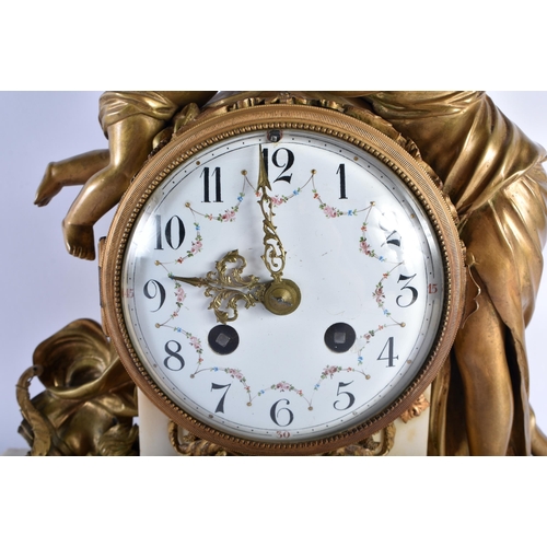 680 - A 19TH CENTURY FRENCH BRONZE AND MARBLE CLOCK decorated with putti and figures. 33 cm x 27 cm.