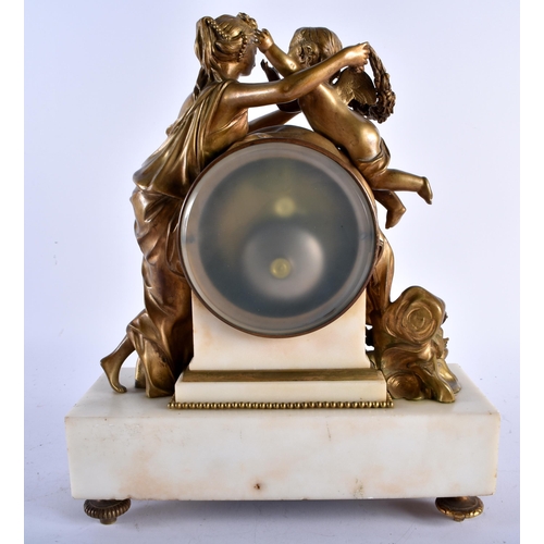 680 - A 19TH CENTURY FRENCH BRONZE AND MARBLE CLOCK decorated with putti and figures. 33 cm x 27 cm.