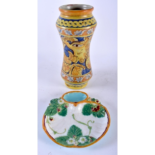 681 - AN ANTIQUE MINTON MAJOLICA OYSTER DISH together with a faience albarello jar. Largest 29 cm high. (2... 