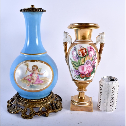 683 - A LATE 19TH CENTURY FRENCH PARIS PORCELAIN SEVRES STYLE LAMP together with an empire porcelain vase.... 