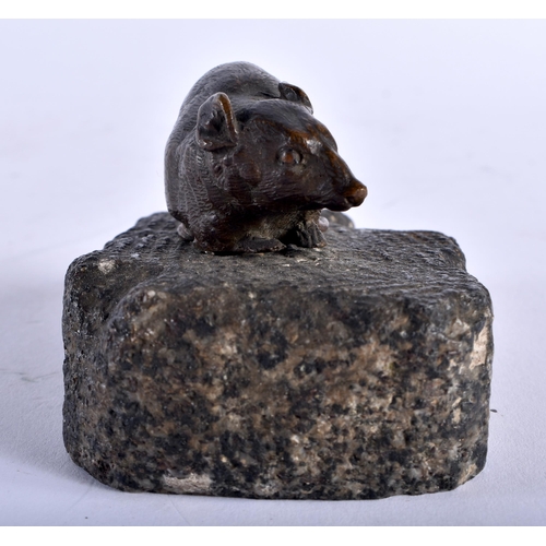 686 - AN ANTIQUE CONTINENTAL BRONZE RAT modelled on a stone base. 9 cm wide.