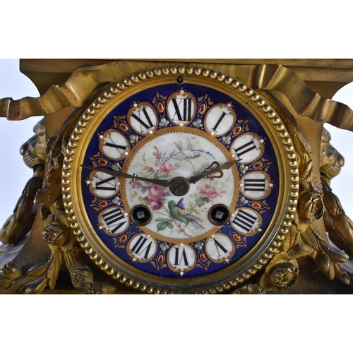 688 - A 19TH CENTURY FRENCH SEVRES PORCELAIN INSET BRONZE CLOCK painted with birds and flowers. 28 cm x 28... 