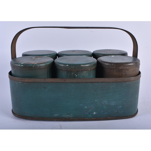 733 - A CHARMING ANTIQUE TOLEWARE SPICE CARRIER with six spice boxes. 18 cm x 14 cm.