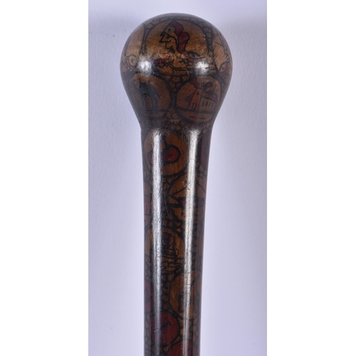 747 - AN UNUSUAL MIDDLE EASTERN JERUSALEM PAINTED LACQUERED WOOD RIDING CROP decorated with figures and la... 