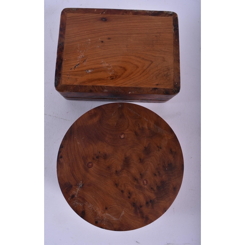 748 - A LOVELY GROUP OF TREEN BURR WOOD BOXES. Largest 17 cm diameter. (3)