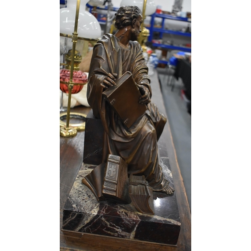 749 - A VERY LARGE 19TH CENTURY BRONZE FIGURE OF A SEATED SCHOLAR modelled upon a marble base. 50cm x 44 c... 