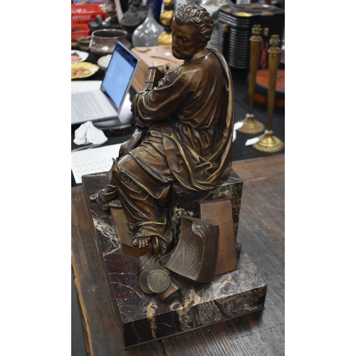 749 - A VERY LARGE 19TH CENTURY BRONZE FIGURE OF A SEATED SCHOLAR modelled upon a marble base. 50cm x 44 c... 