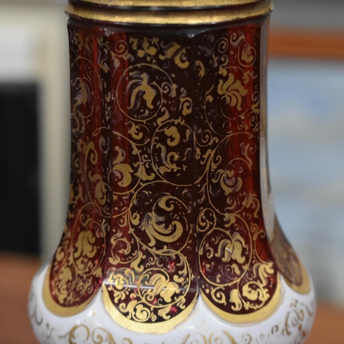 760 - A LOVELY 19TH CENTURY BOHEMIAN CRANBERRY GLASS LAMP. 96 cm high.