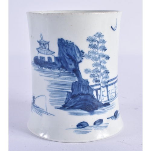 94 - A FINE 18TH CENTURY WORCESTER BLUE AND WHITE PORCELAIN WAISTED MUG painted with a figure fishing bef... 