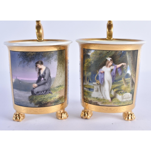 98 - A FINE PAIR OF EARLY 19TH CENTURY CHAMBERLAINS WORCESTER CUPS beautifully painted with maidens withi... 