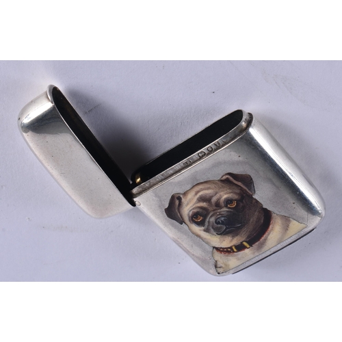 1012 - A LOVELY VICTORIAN SILVER AND ENAMEL PUG DOG VESTA CASE. 27.7 grams. London 1884. 5 cm x 4 cm.