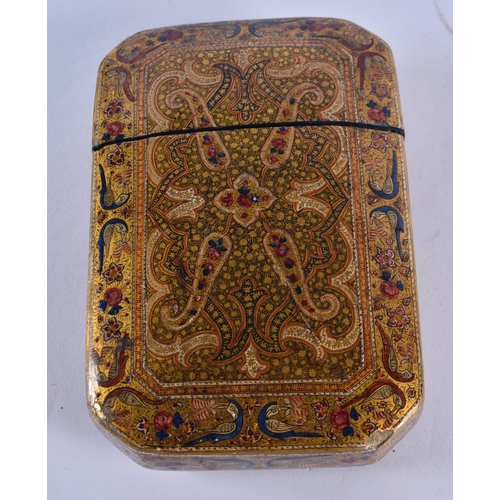 1016 - A LARGE 19TH CENTURY PERSIAN KASHMIR LACQUER CASE AND COVER painted with birds and motifs. 14 cm x 9... 