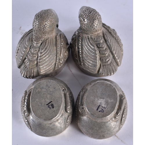 1017 - A PAIR OF CAMBODIAN WHITE METAL BIRD BOXES AND COVERS. 112.4 grams. Largest 6.75 cm x 5.25cm.